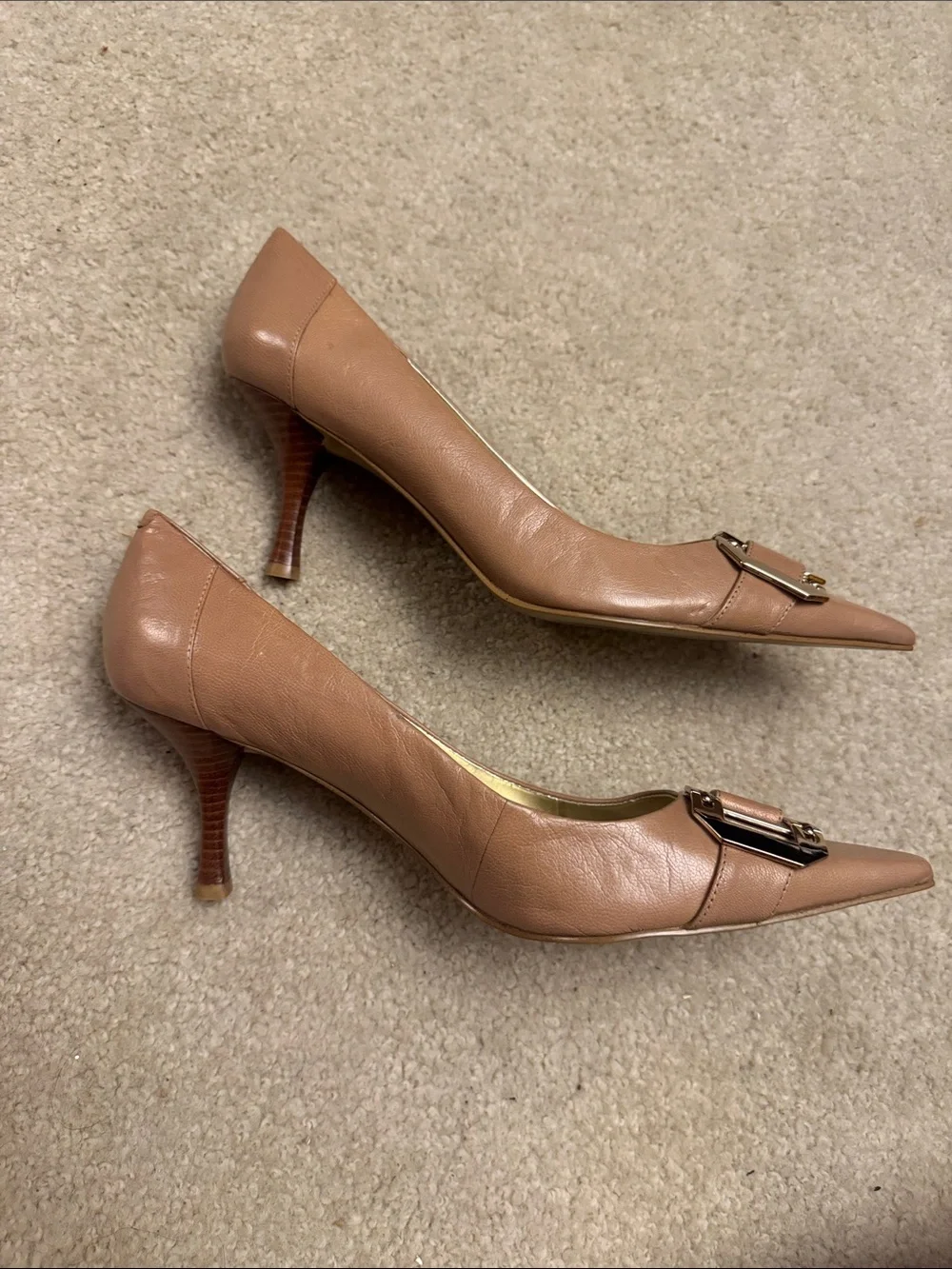 Nine West Taupe Pointed-Toe Pumps with Decorative Buckle